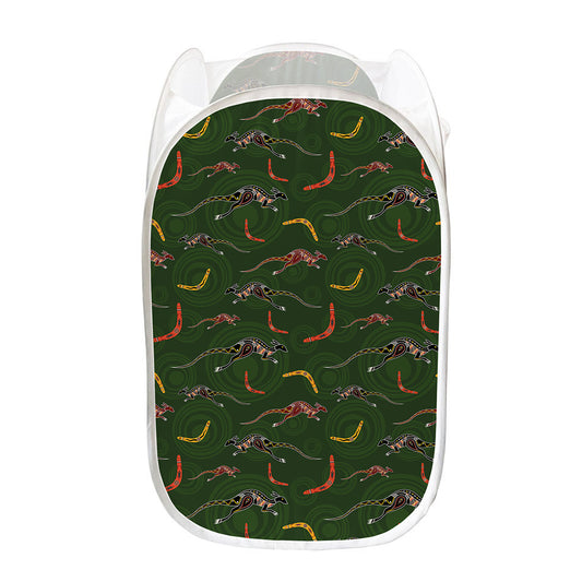 Aboriginal Boomerang And Kangaroo Print Mesh Laundry Hamper