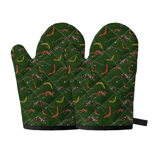 Aboriginal Boomerang And Kangaroo Print Oven Mitts