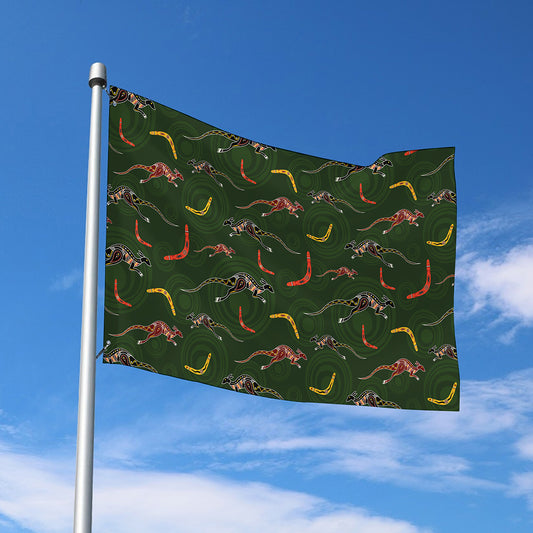 Aboriginal Boomerang And Kangaroo Print Polyester Flag