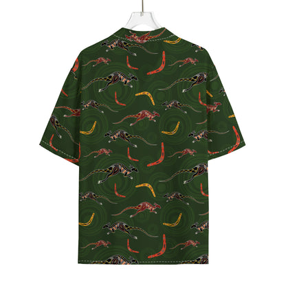 Aboriginal Boomerang And Kangaroo Print Rayon Hawaiian Shirt