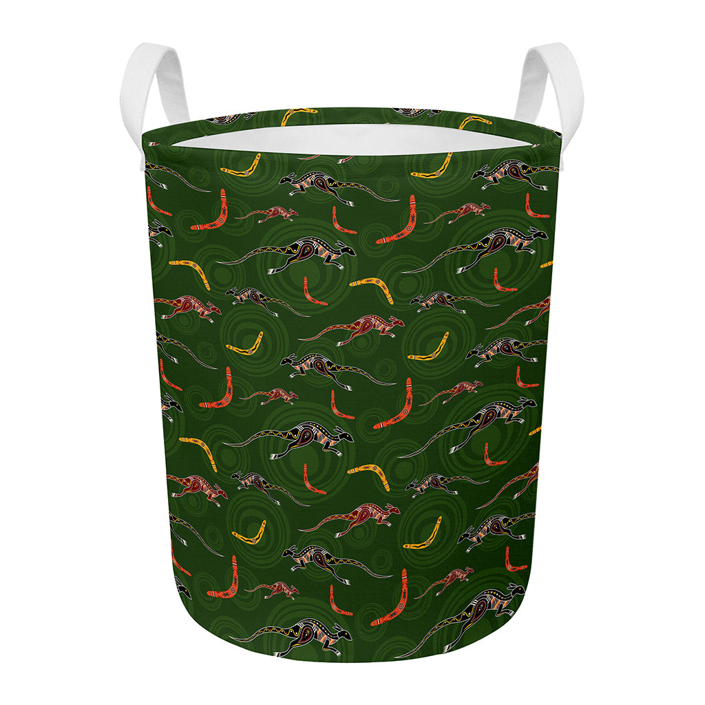 Aboriginal Boomerang And Kangaroo Print Round Laundry Basket