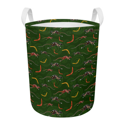 Aboriginal Boomerang And Kangaroo Print Round Laundry Basket