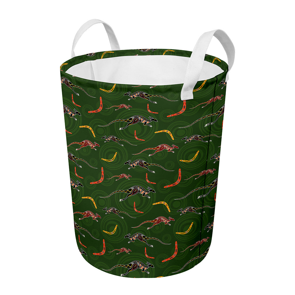 Aboriginal Boomerang And Kangaroo Print Round Laundry Basket
