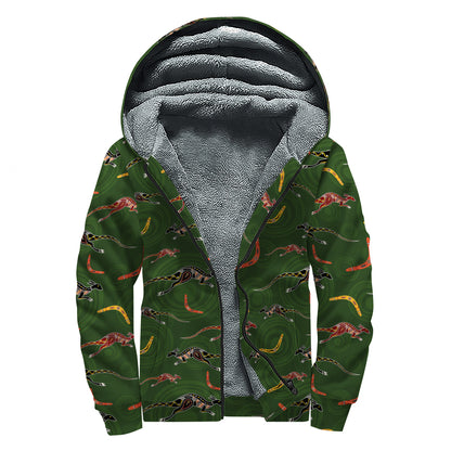Aboriginal Boomerang And Kangaroo Print Sherpa Lined Zip Up Hoodie