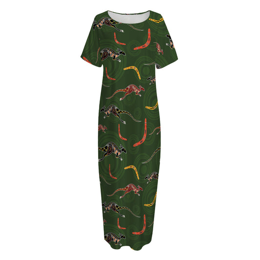 Aboriginal Boomerang And Kangaroo Print Short Sleeve Long Nightdress
