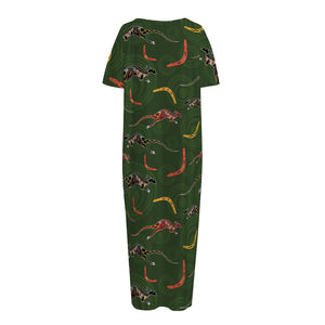 Aboriginal Boomerang And Kangaroo Print Short Sleeve Long Nightdress