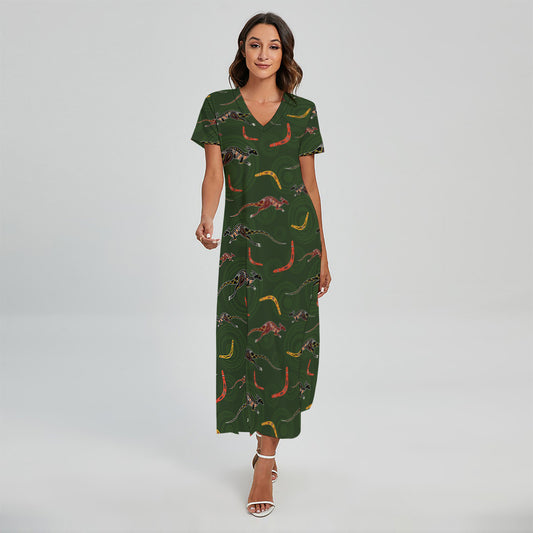 Aboriginal Boomerang And Kangaroo Print Short Sleeve Maxi Dress