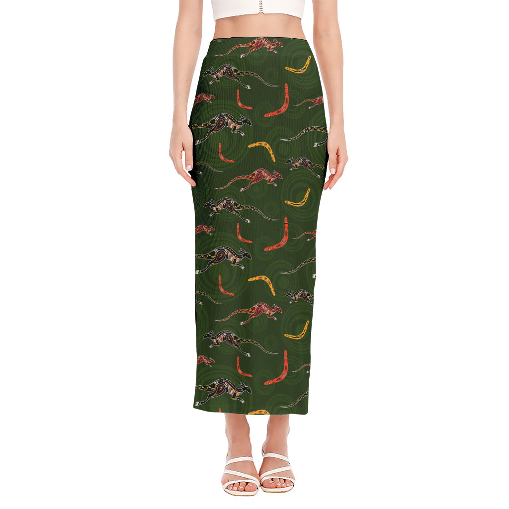 Aboriginal Boomerang And Kangaroo Print Side Slit Maxi Skirt