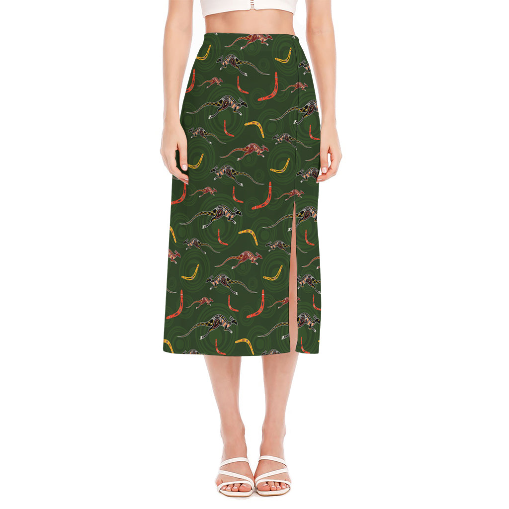 Aboriginal Boomerang And Kangaroo Print Side Slit Midi Skirt