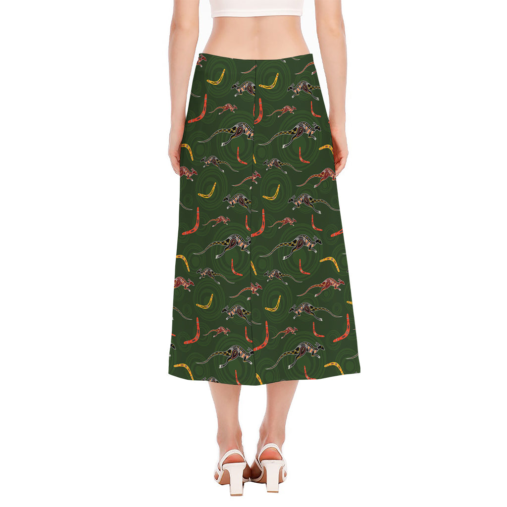 Aboriginal Boomerang And Kangaroo Print Side Slit Midi Skirt