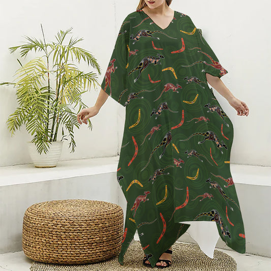 Aboriginal Boomerang And Kangaroo Print Silk V-Neck Kaftan Dress