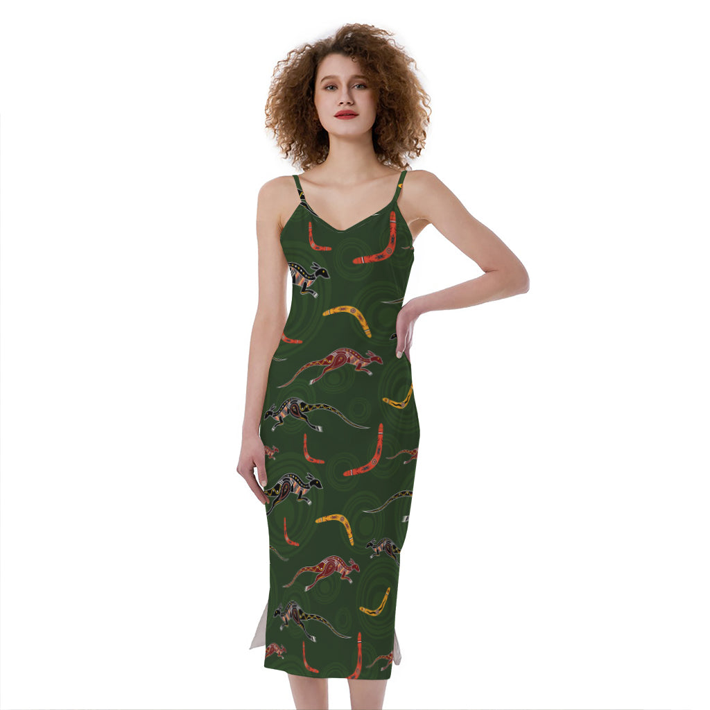 Aboriginal Boomerang And Kangaroo Print Slim Fit Midi Cami Dress