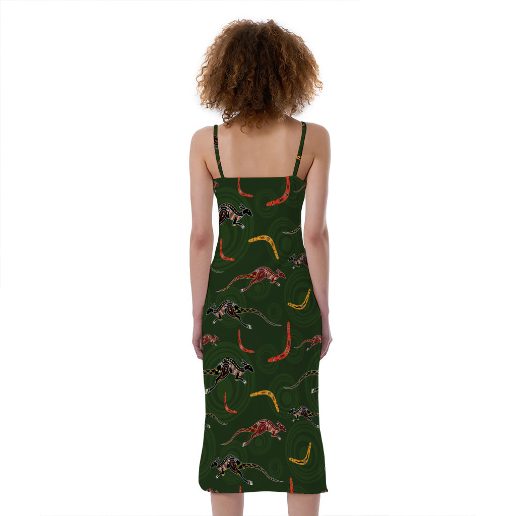 Aboriginal Boomerang And Kangaroo Print Slim Fit Midi Cami Dress