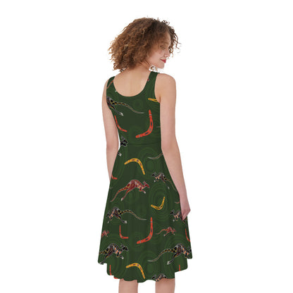 Aboriginal Boomerang And Kangaroo Print Women's Sleeveless Dress