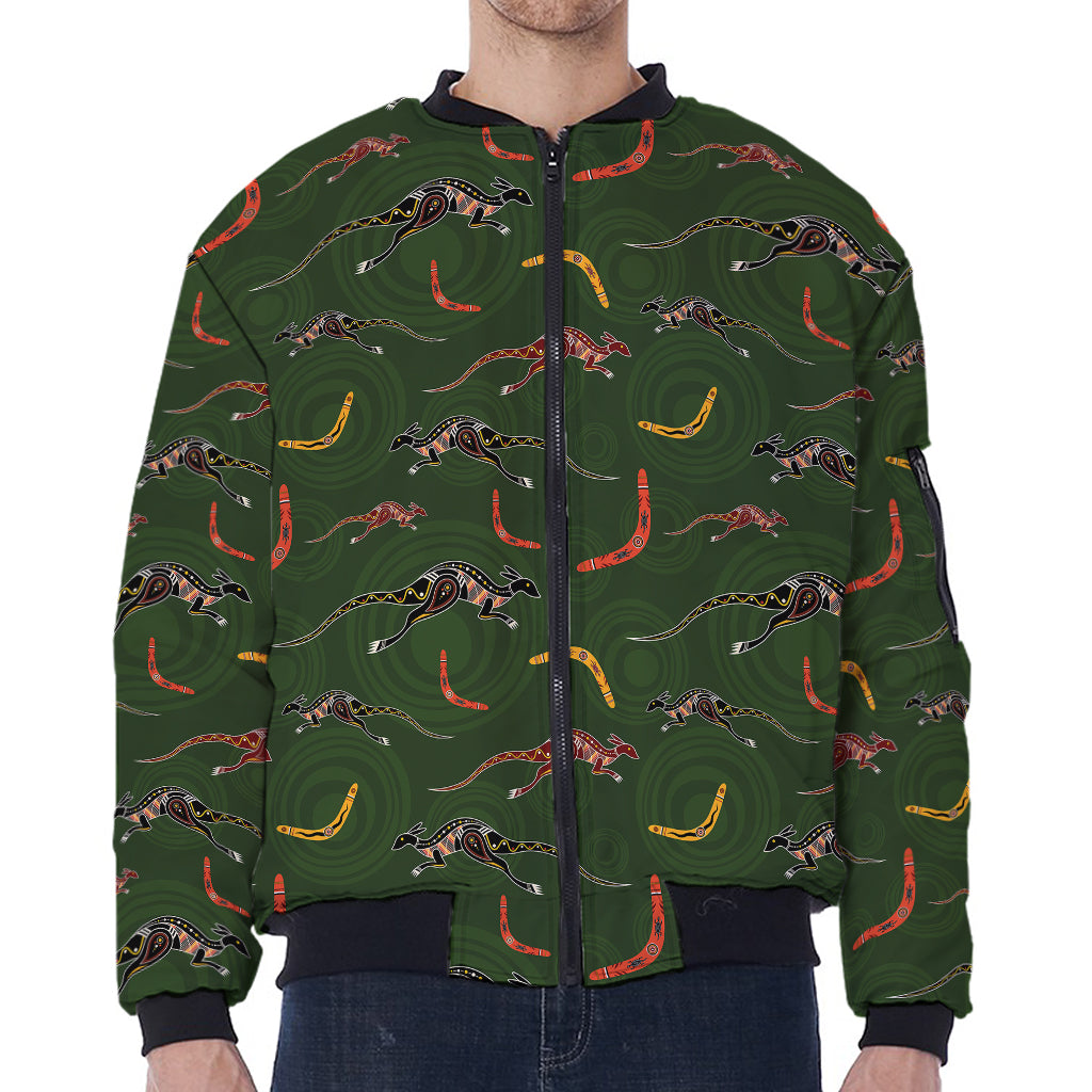 Aboriginal Boomerang And Kangaroo Print Zip Sleeve Bomber Jacket