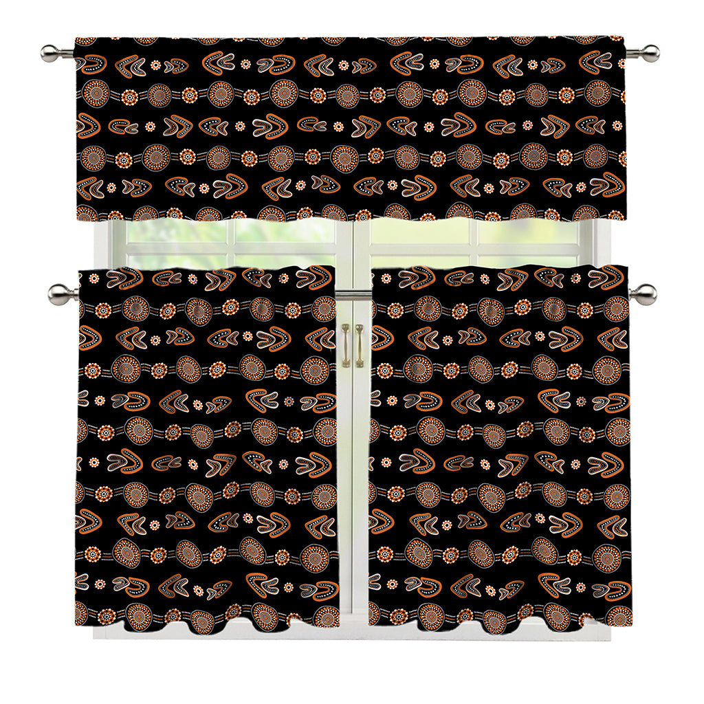 Aboriginal Boomerang Pattern Print 3 Piece Kitchen Curtains
