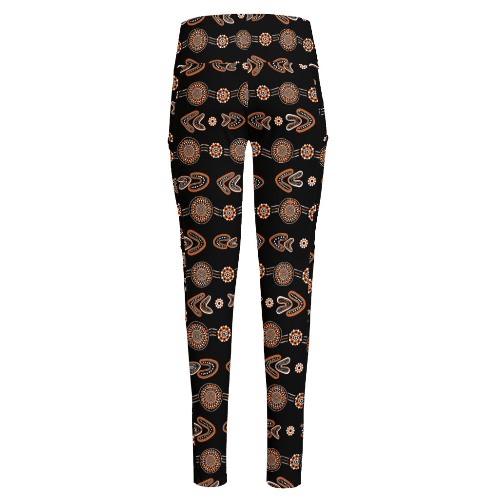 Aboriginal Boomerang Pattern Print High-Waisted Pocket Leggings