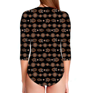 Aboriginal Boomerang Pattern Print Long Sleeve Swimsuit