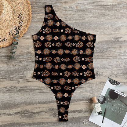 Aboriginal Boomerang Pattern Print One Shoulder Bodysuit