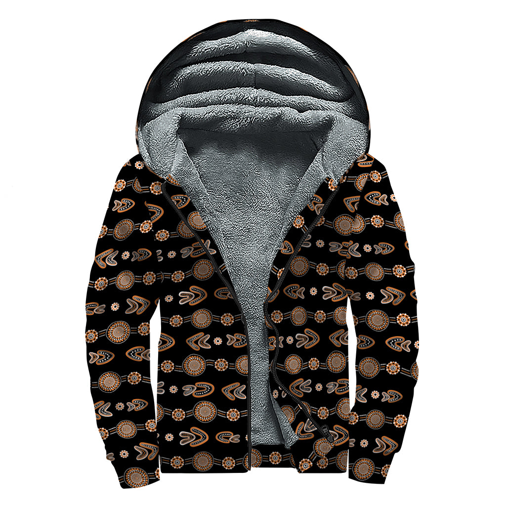 Aboriginal Boomerang Pattern Print Sherpa Lined Zip Up Hoodie
