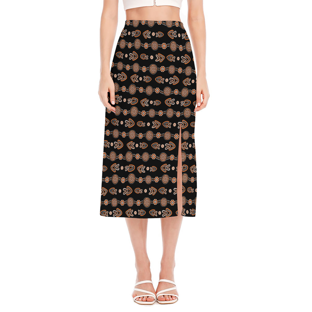 Aboriginal Boomerang Pattern Print Side Slit Midi Skirt