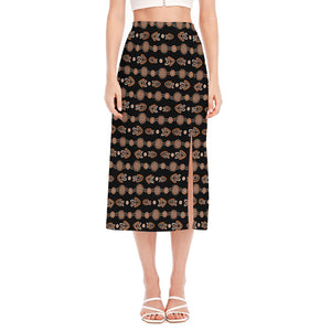 Aboriginal Boomerang Pattern Print Side Slit Midi Skirt