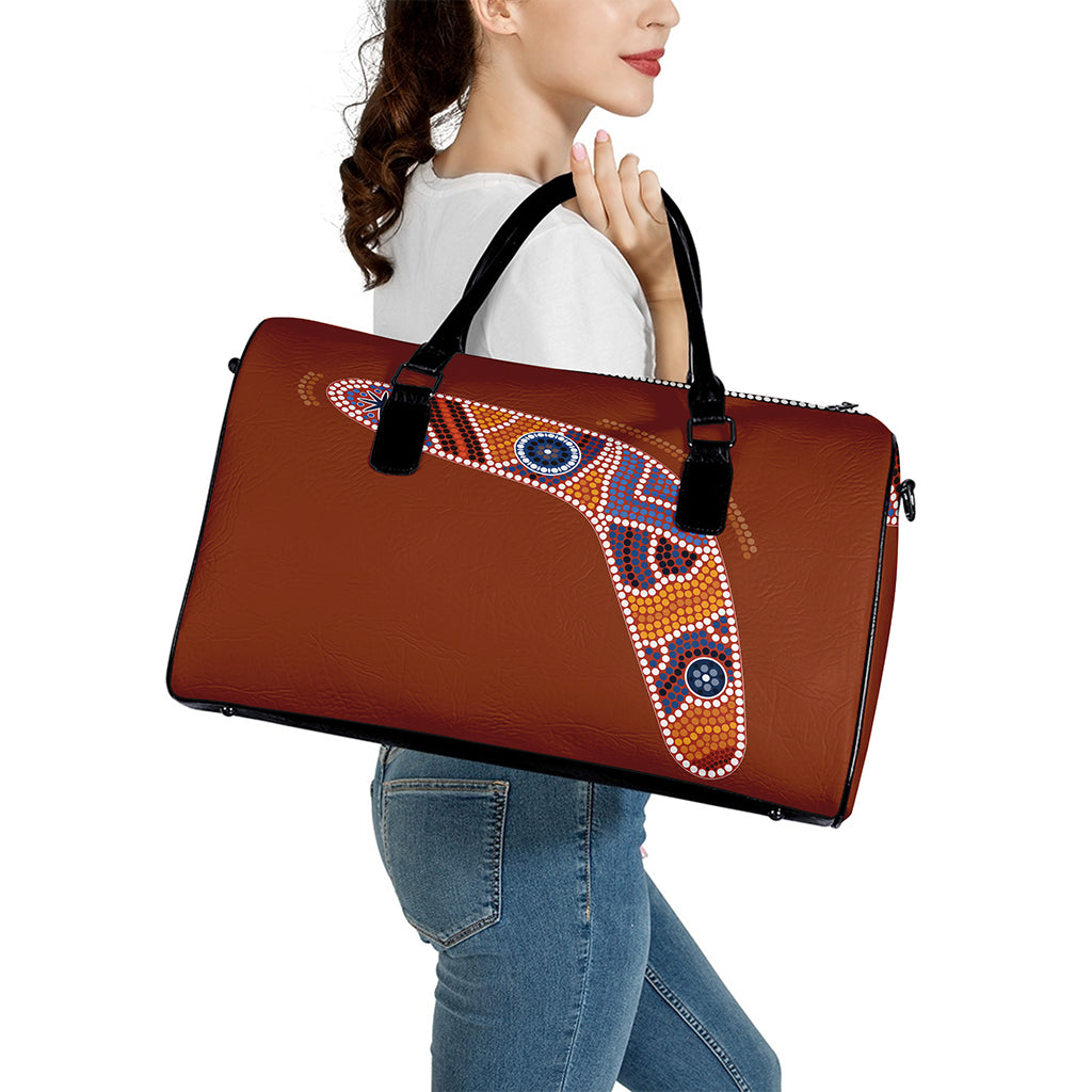 Aboriginal Dot Boomerang Print Leather Duffle Bag