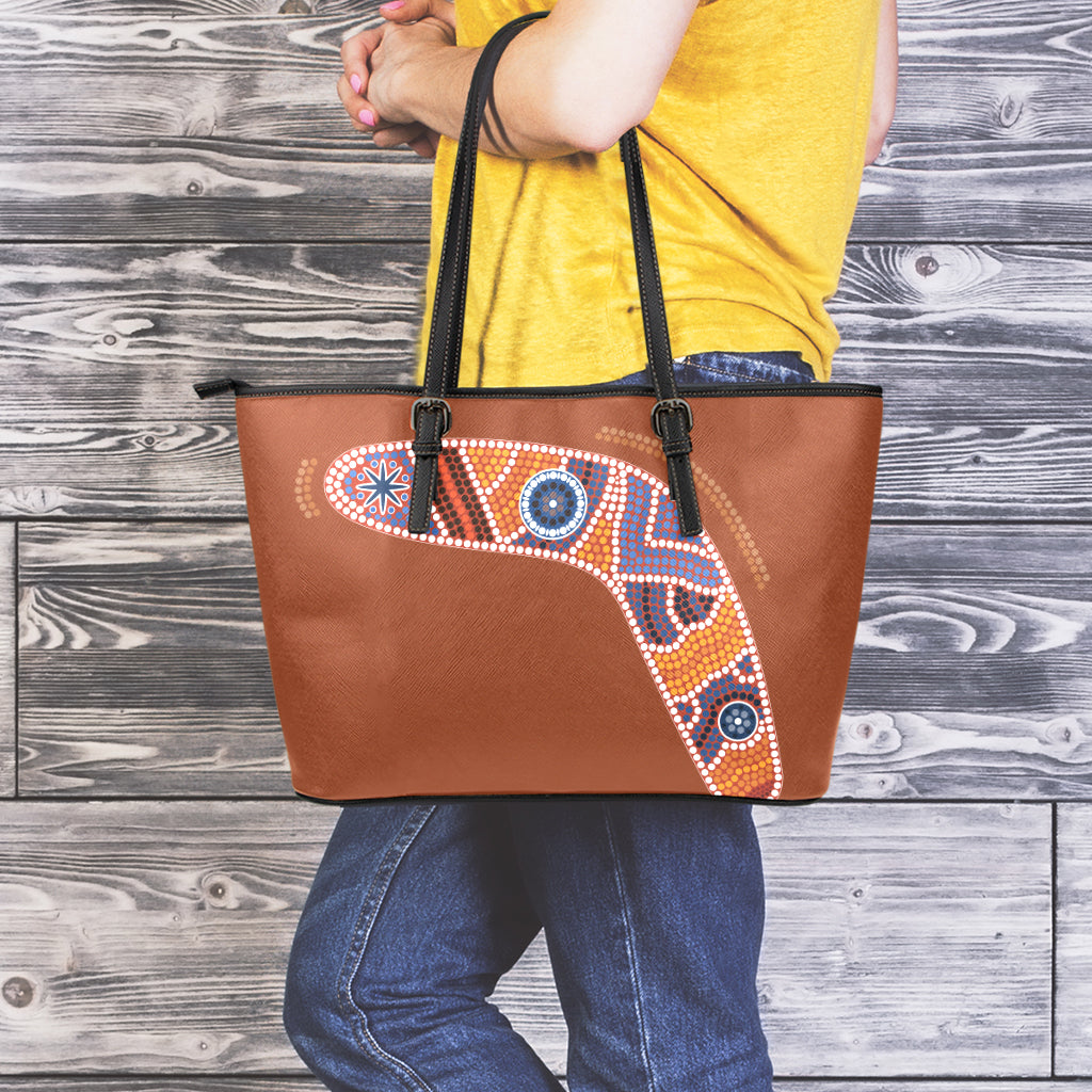Aboriginal Dot Boomerang Print Leather Tote Bag