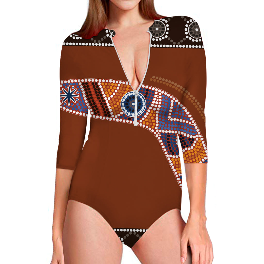 Aboriginal Dot Boomerang Print Long Sleeve Swimsuit