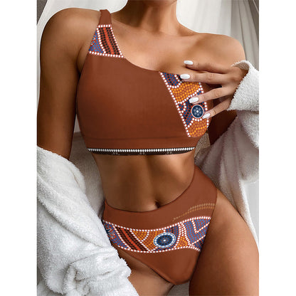 Aboriginal Dot Boomerang Print One Shoulder Bikini Top