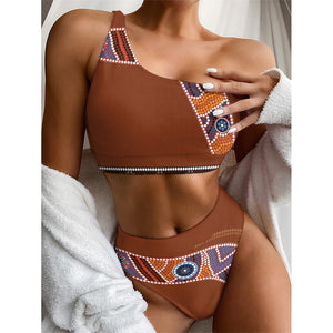 Aboriginal Dot Boomerang Print One Shoulder Bikini Top