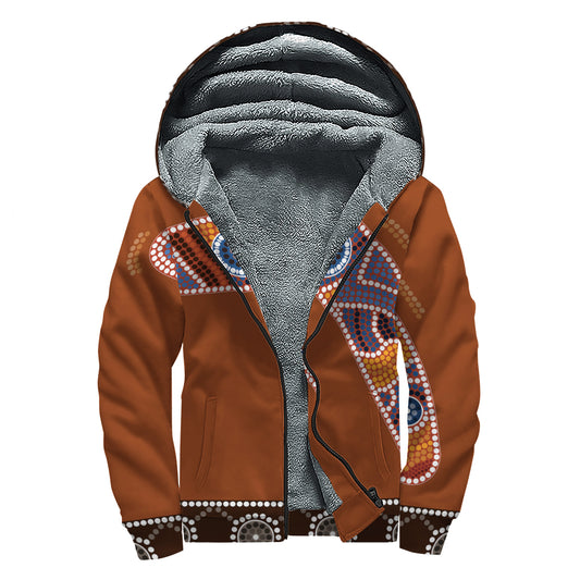 Aboriginal Dot Boomerang Print Sherpa Lined Zip Up Hoodie
