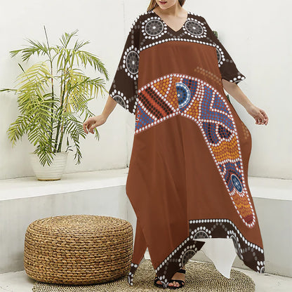 Aboriginal Dot Boomerang Print Silk V-Neck Kaftan Dress
