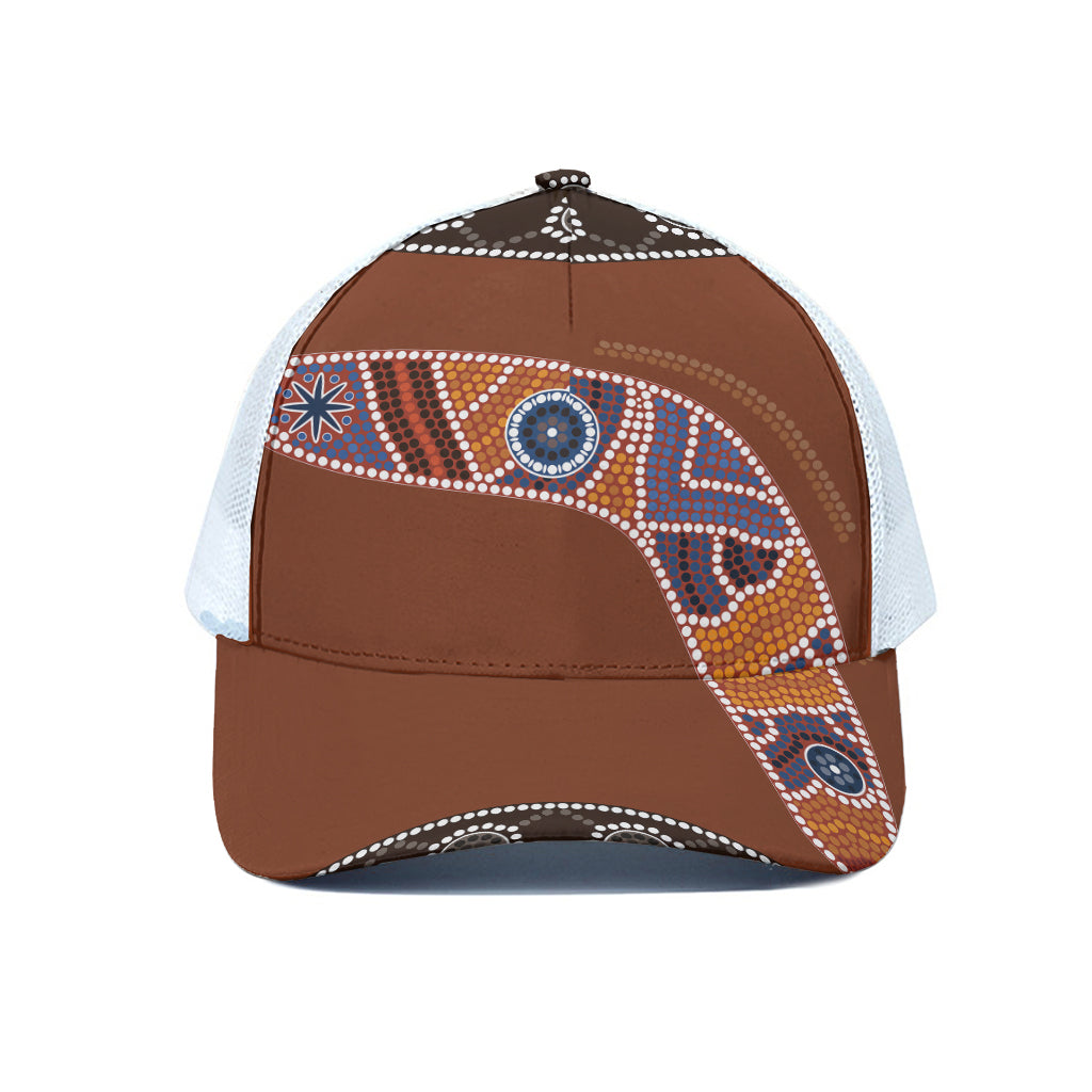 Aboriginal Dot Boomerang Print White Mesh Trucker Cap