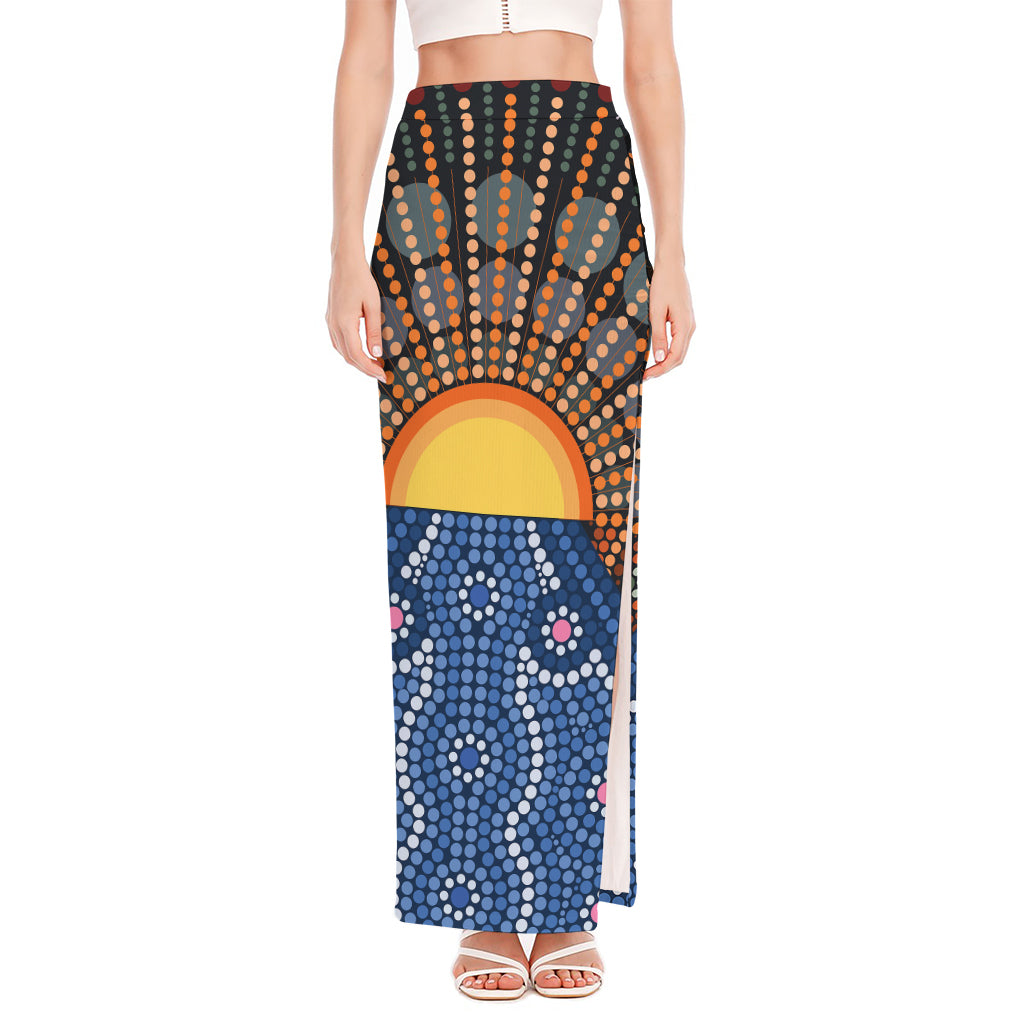 Aboriginal Indigenous Sunset Art Print High Slit Maxi Skirt