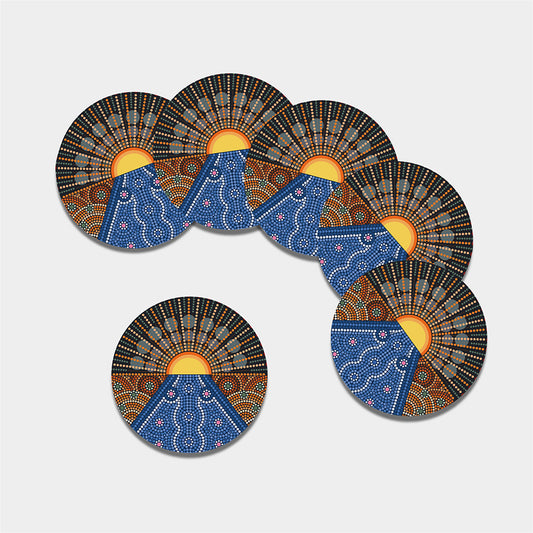 Aboriginal Indigenous Sunset Art Print Leather Coaster Set