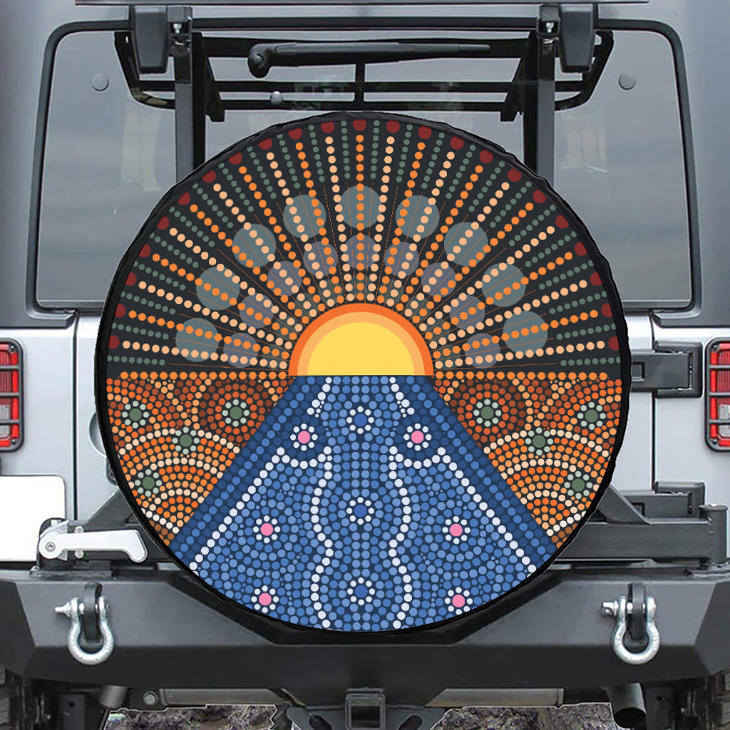 Aboriginal Indigenous Sunset Art Print Leather Spare Tire Cover