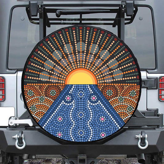 Aboriginal Indigenous Sunset Art Print Leather Spare Tire Cover