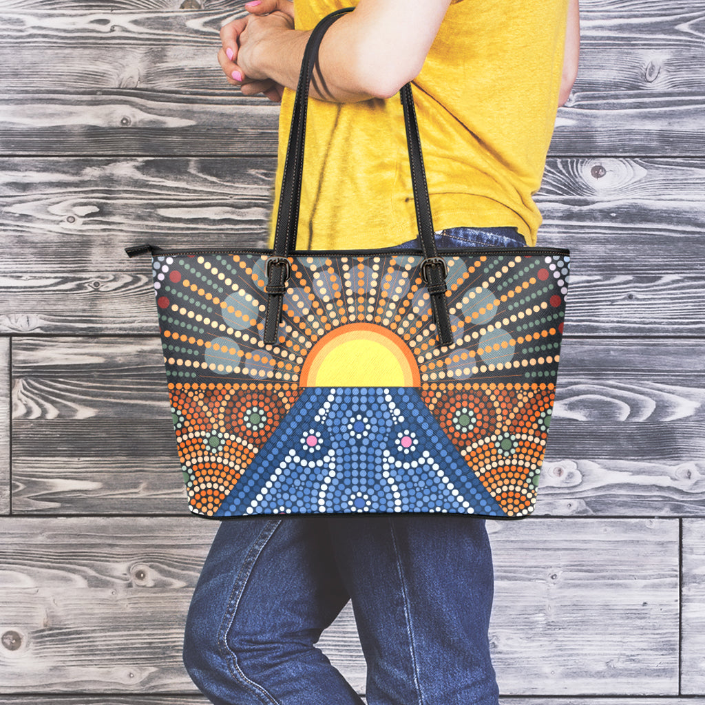 Aboriginal Indigenous Sunset Art Print Leather Tote Bag