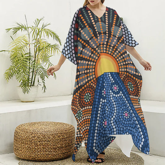 Aboriginal Indigenous Sunset Art Print Silk V-Neck Kaftan Dress