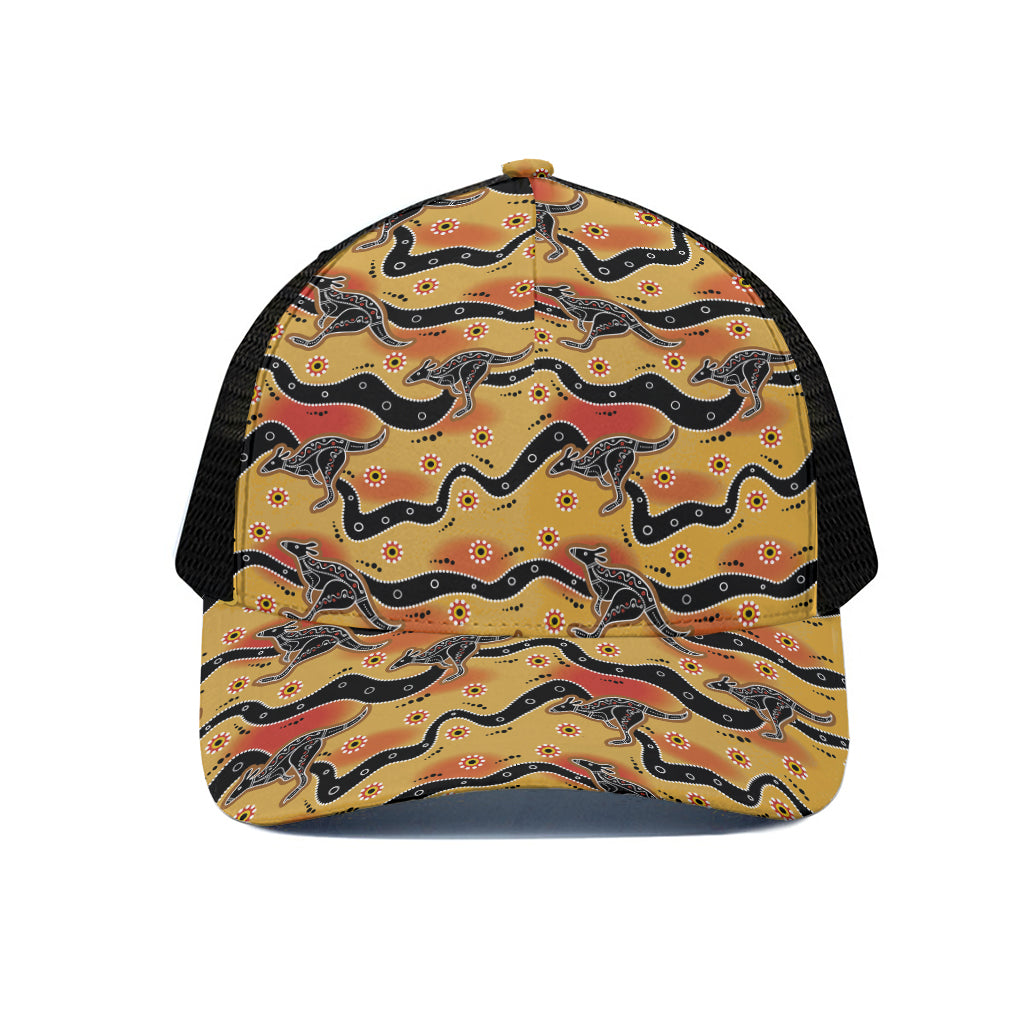 Aboriginal Kangaroo Pattern Print Black Mesh Trucker Cap