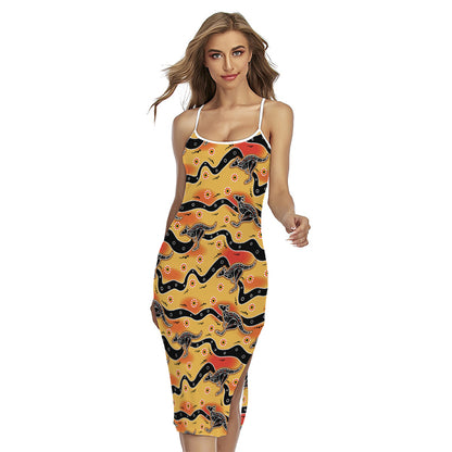 Aboriginal Kangaroo Pattern Print Cross Back Cami Dress