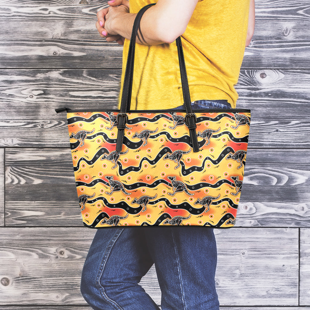 Aboriginal Kangaroo Pattern Print Leather Tote Bag