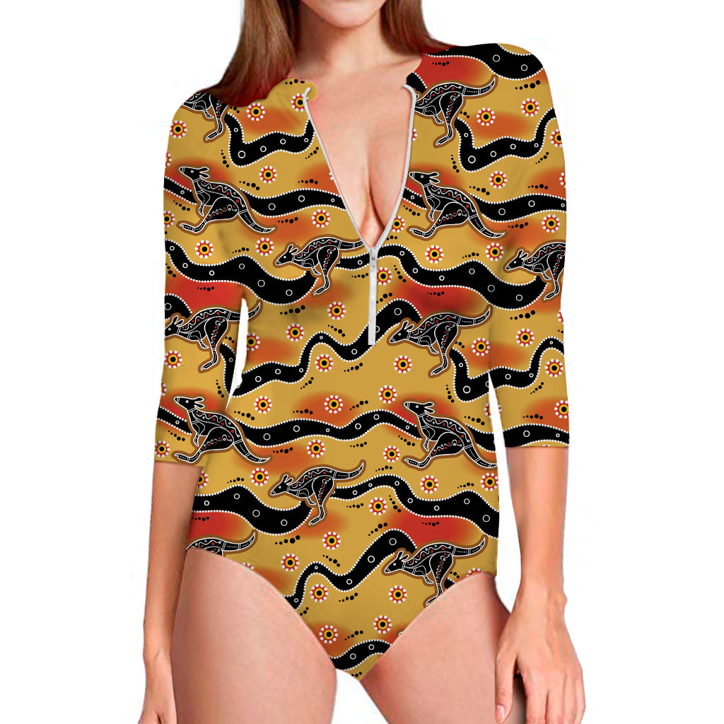 Aboriginal Kangaroo Pattern Print Long Sleeve Swimsuit