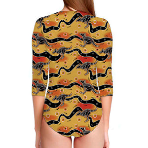 Aboriginal Kangaroo Pattern Print Long Sleeve Swimsuit