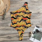 Aboriginal Kangaroo Pattern Print One Shoulder Bodysuit