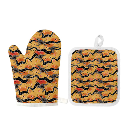 Aboriginal Kangaroo Pattern Print Oven Mitt And Pot Holder Set