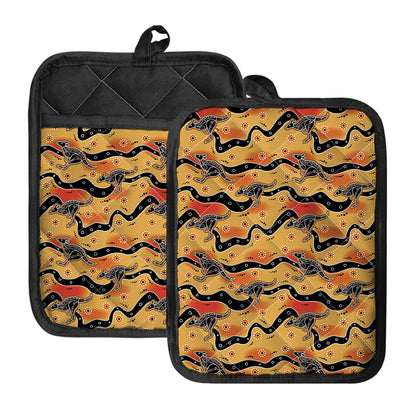 Aboriginal Kangaroo Pattern Print Pot Holders With Pocket