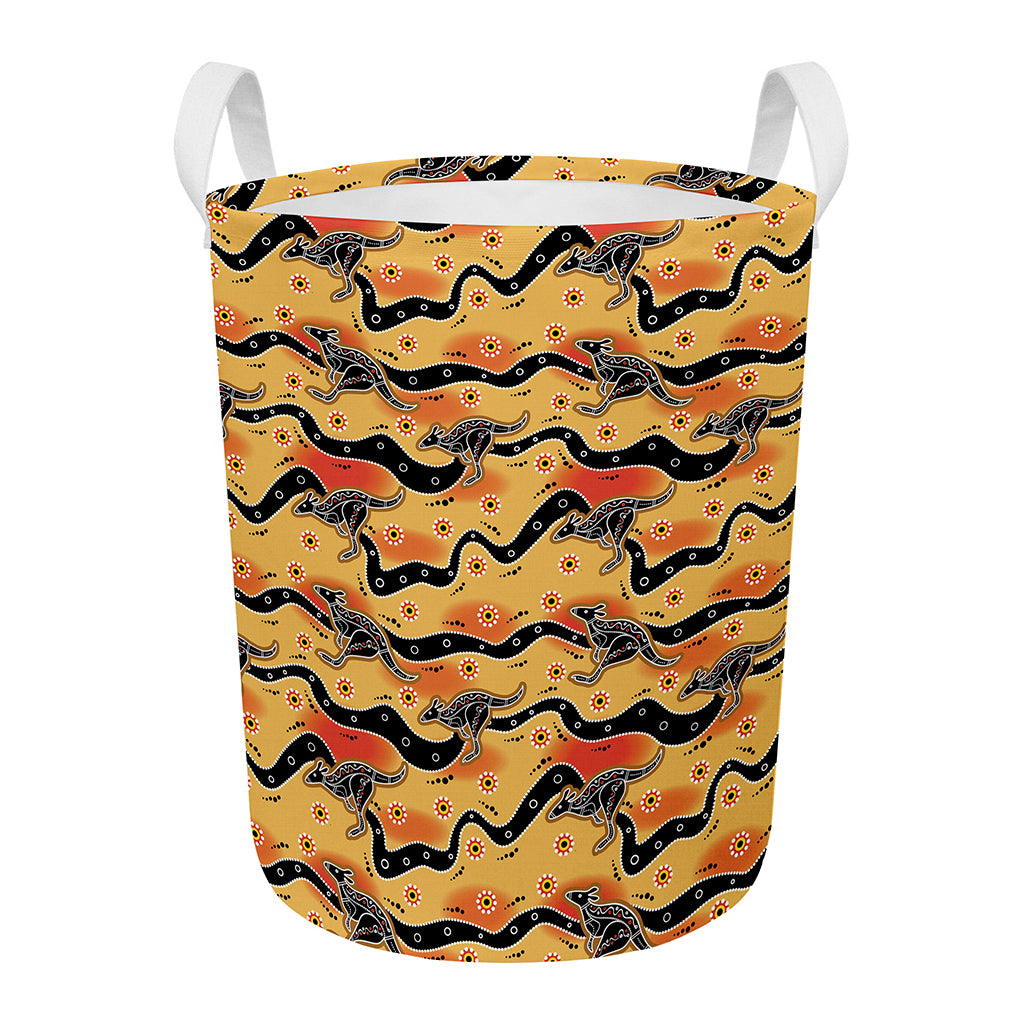 Aboriginal Kangaroo Pattern Print Round Laundry Basket