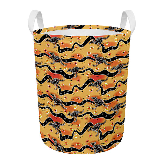 Aboriginal Kangaroo Pattern Print Round Laundry Basket